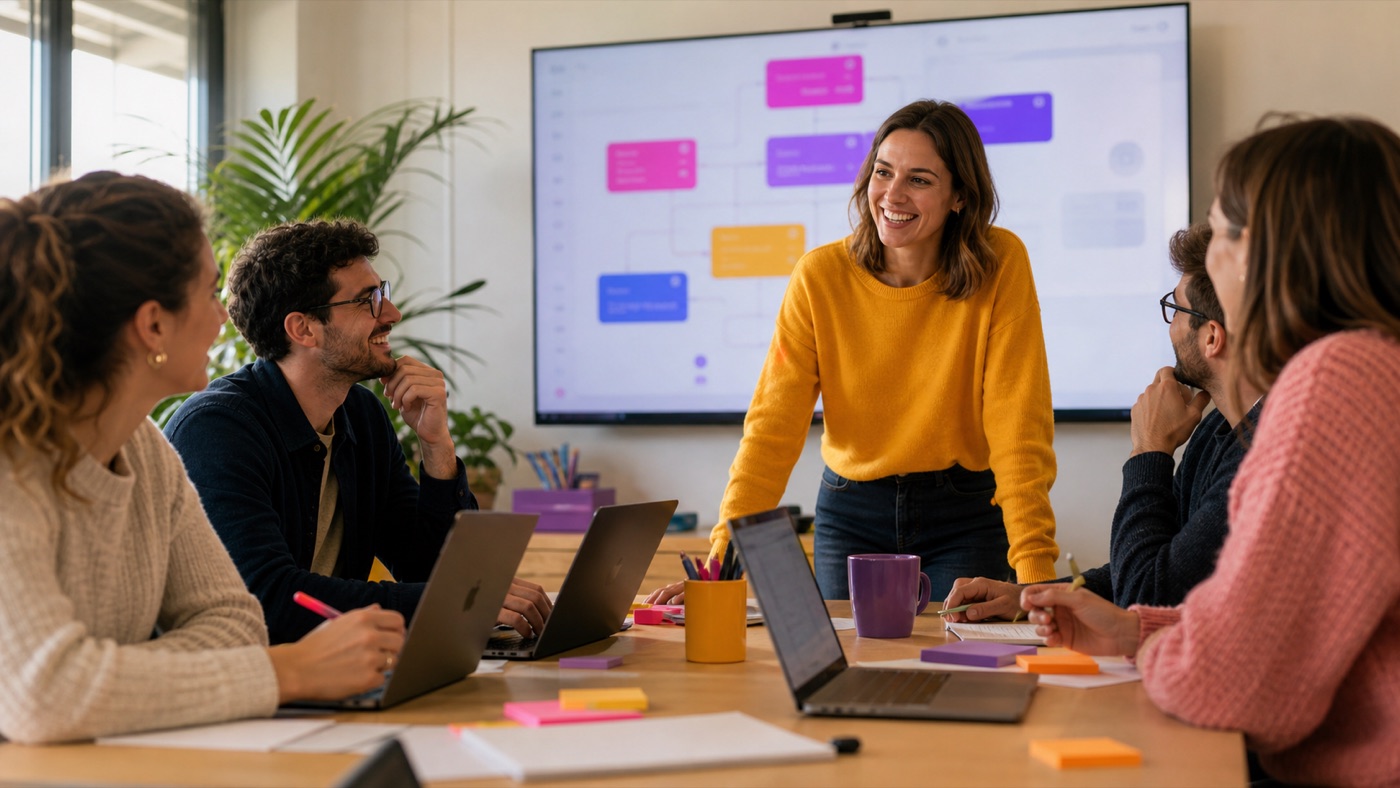 Champion IA animant un atelier d'équipe dans une PME