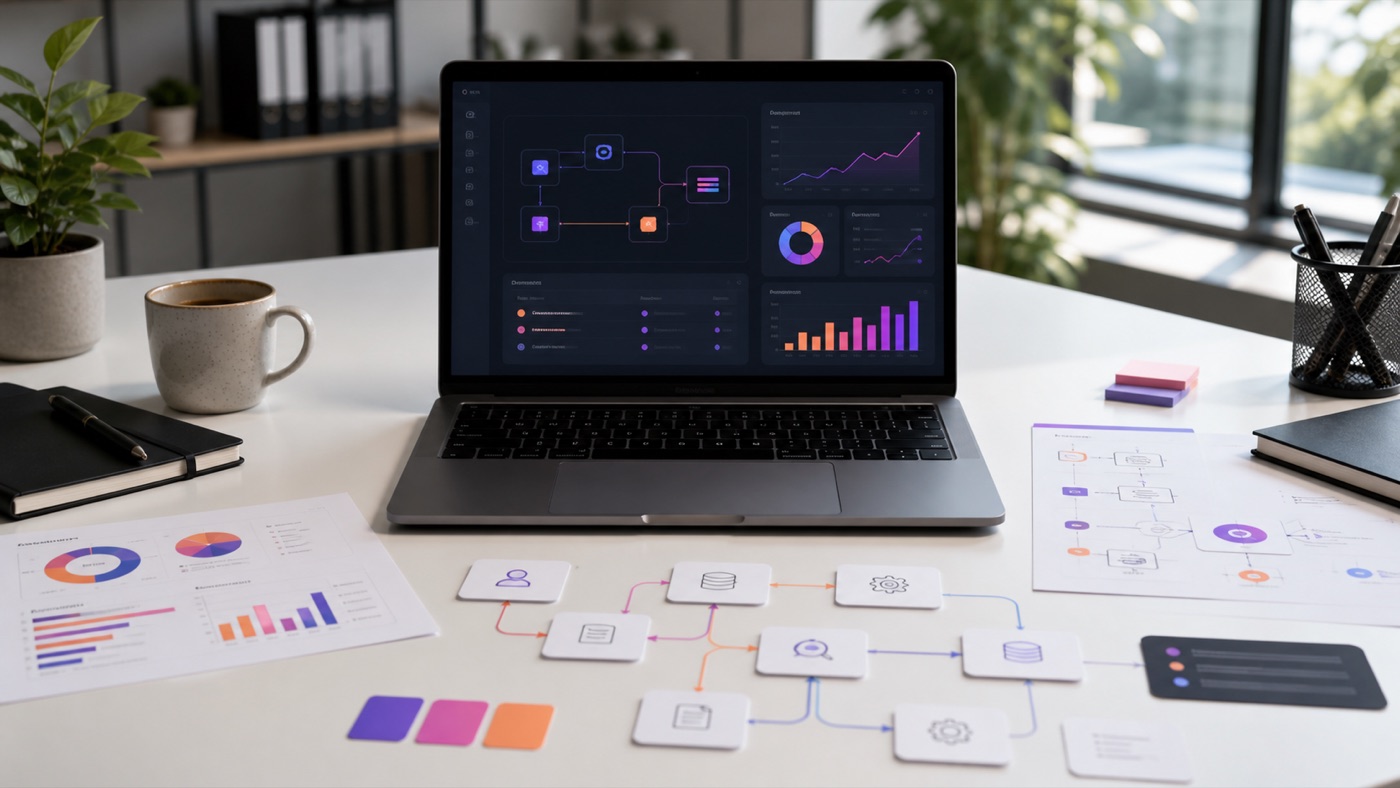 Workflow IA et tableaux de mesure du ROI sur un ordinateur