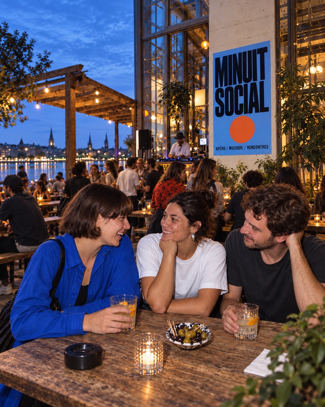 Trois amis sur la terrasse MINUIT SOCIAL à l’heure bleue, sous une affiche bleu ciel et orange.