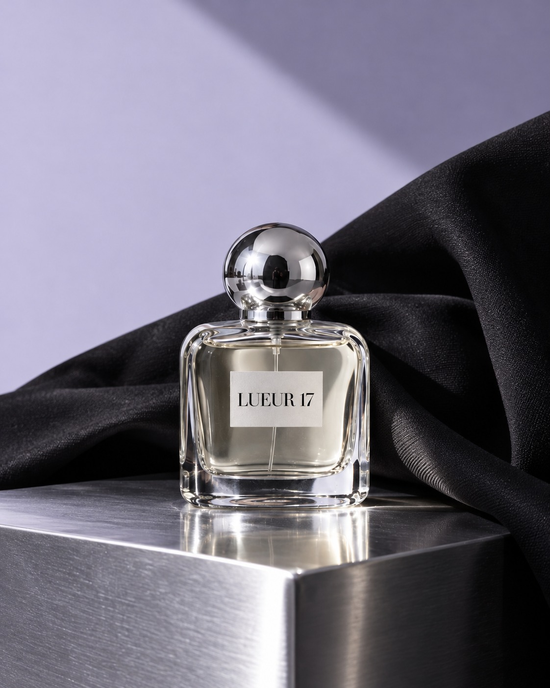 Flacon LUEUR 17 sur un socle chromé, drapé noir et fond lilas.