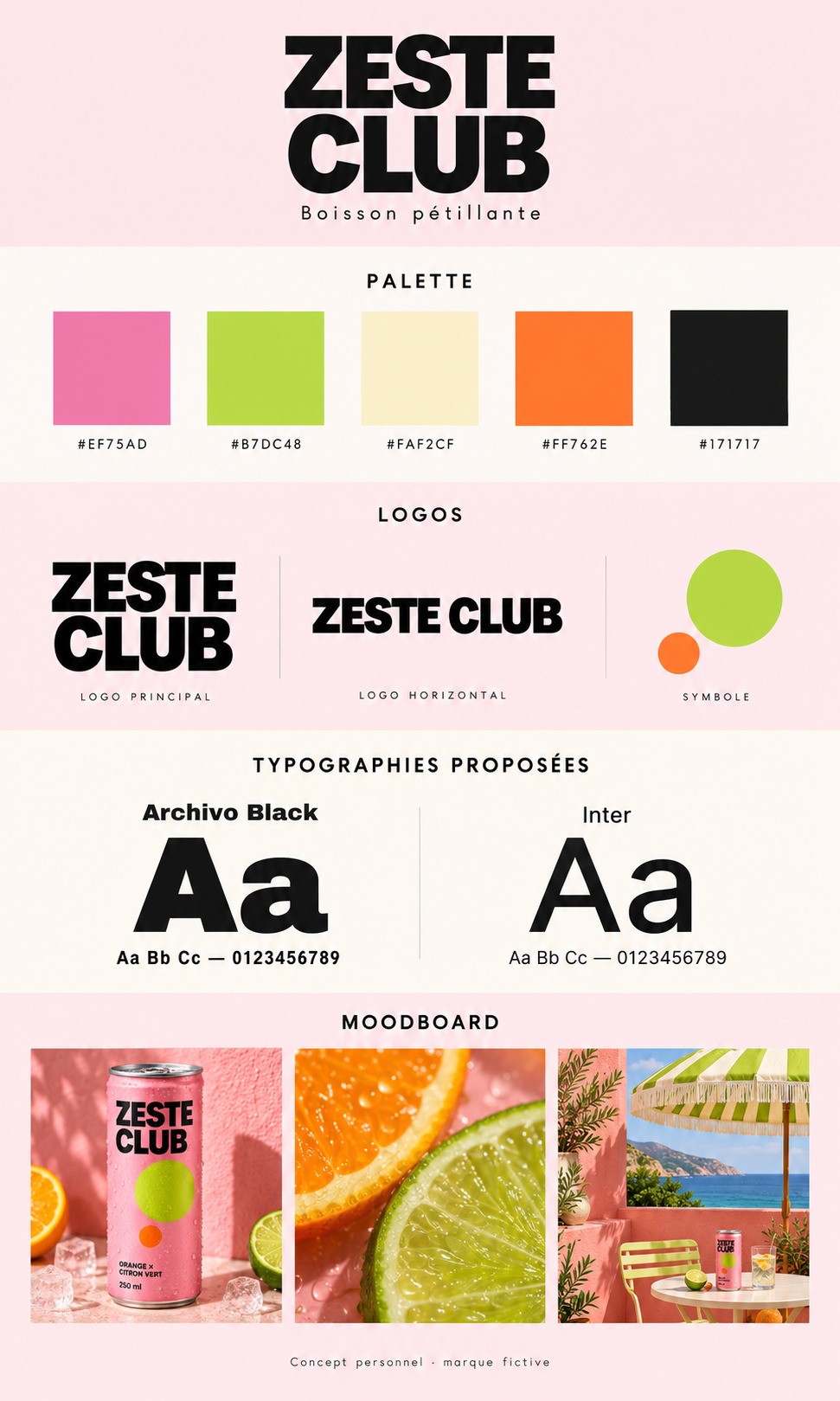 Planche de branding — ZESTE CLUB. Rose vif, vert citron, agrumes et lumière estivale.