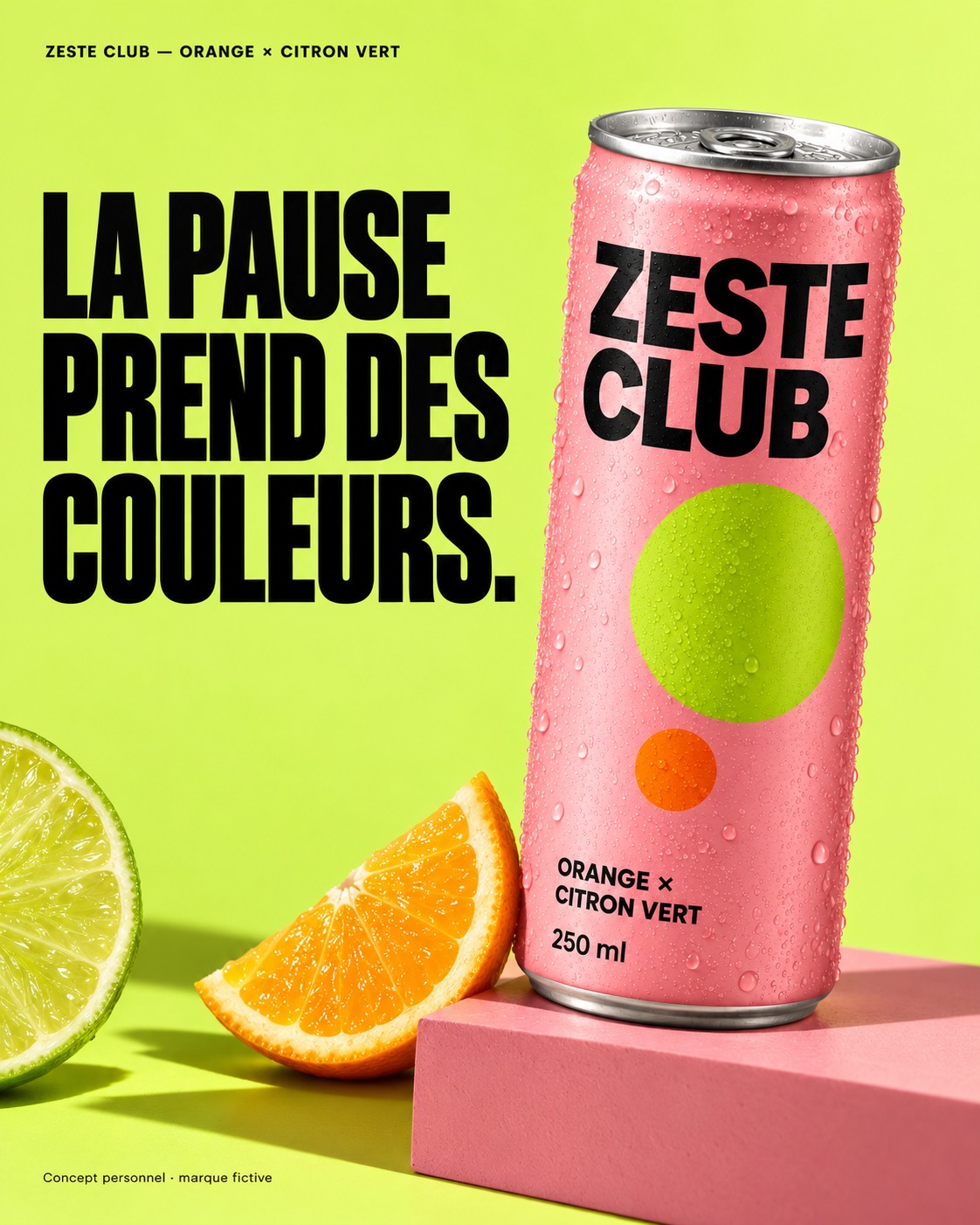 Canette rose ZESTE CLUB sur fond vert citron, avec agrumes et accroche La pause prend des couleurs.