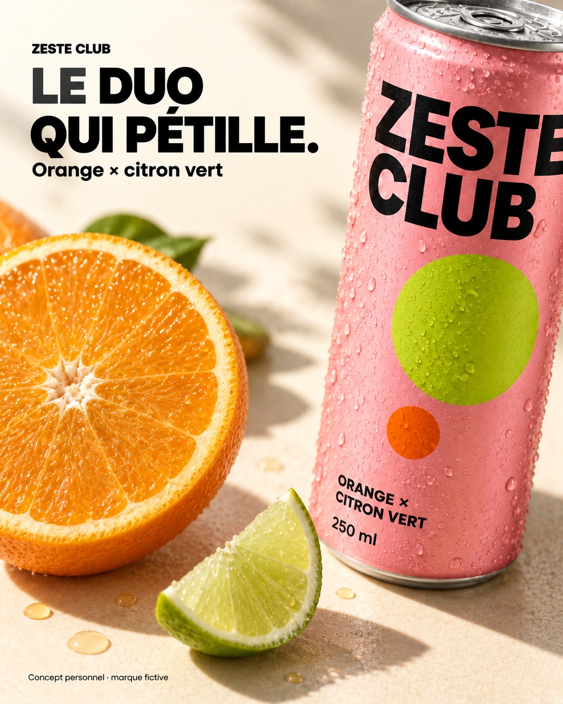 Détail sensoriel — ZESTE CLUB. Rose vif, vert citron, agrumes et lumière estivale.