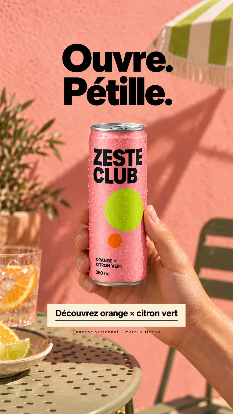 Story — ZESTE CLUB. Rose vif, vert citron, agrumes et lumière estivale.