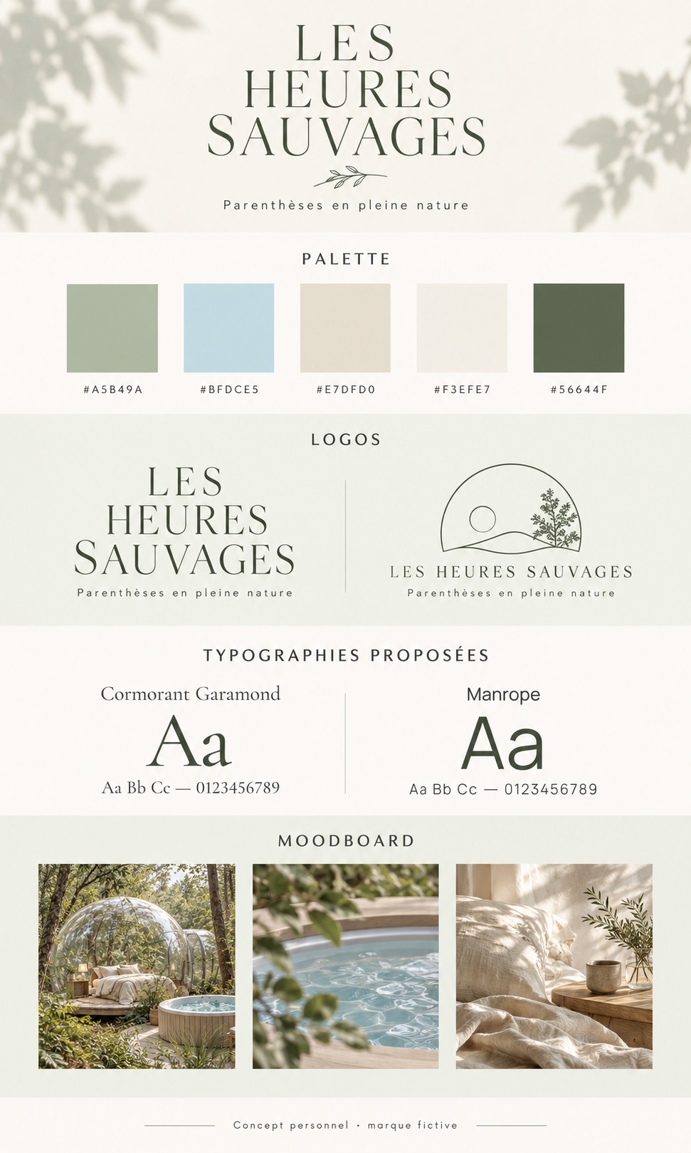 Planche de branding — LES HEURES SAUVAGES. Verts doux, eau bleu clair, bois et beige naturel.