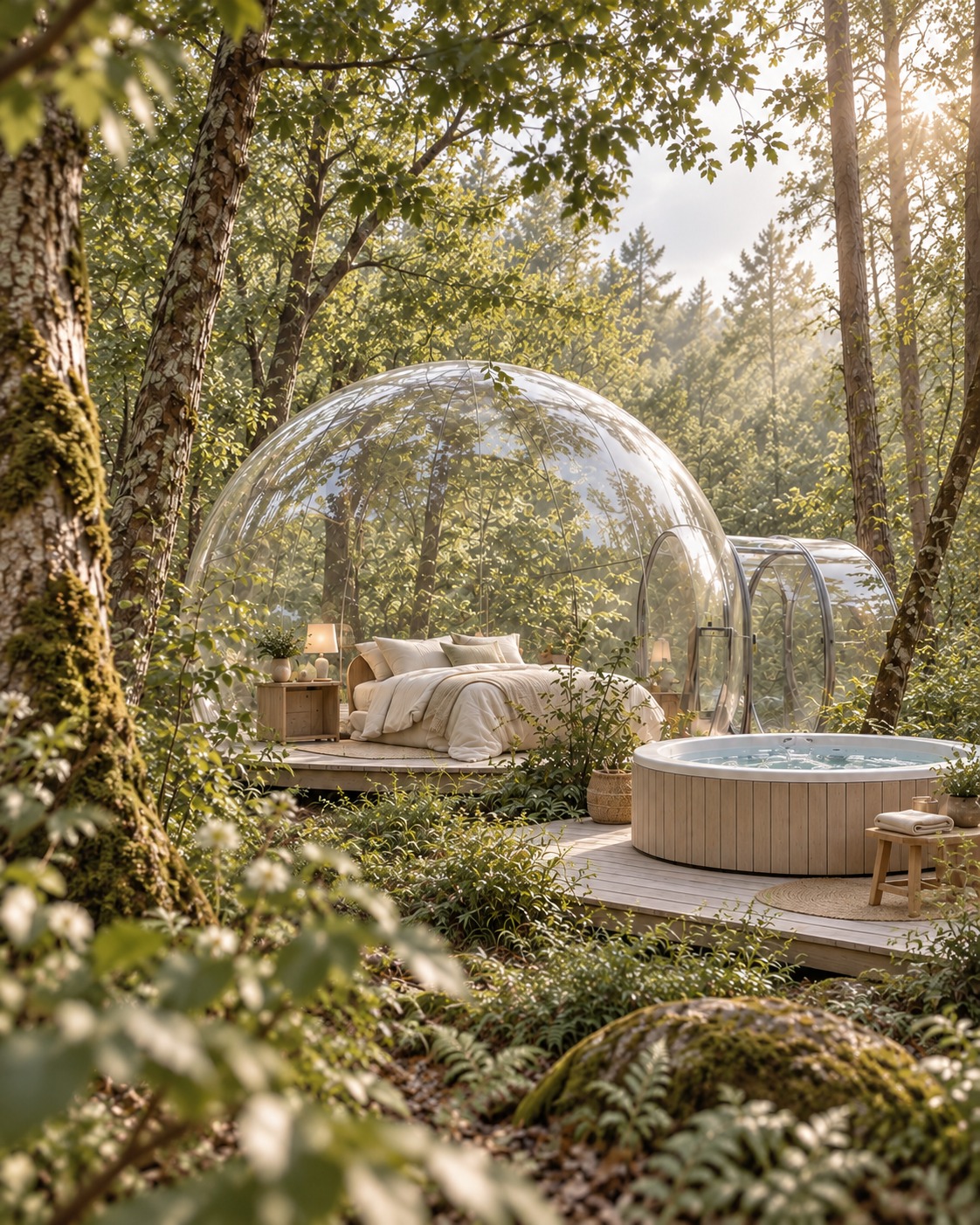 Bulle transparente LES HEURES SAUVAGES sous les arbres, avec terrasse en bois et bain extérieur.