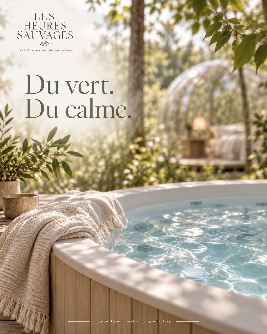 Détail sensoriel — LES HEURES SAUVAGES. Verts doux, eau bleu clair, bois et beige naturel.