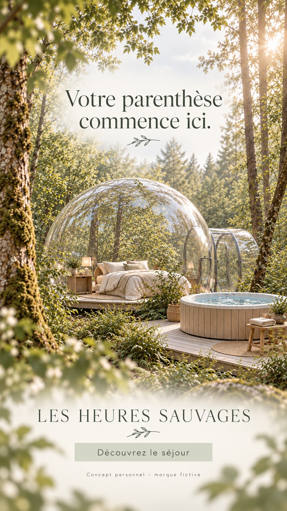Story — LES HEURES SAUVAGES. Verts doux, eau bleu clair, bois et beige naturel.