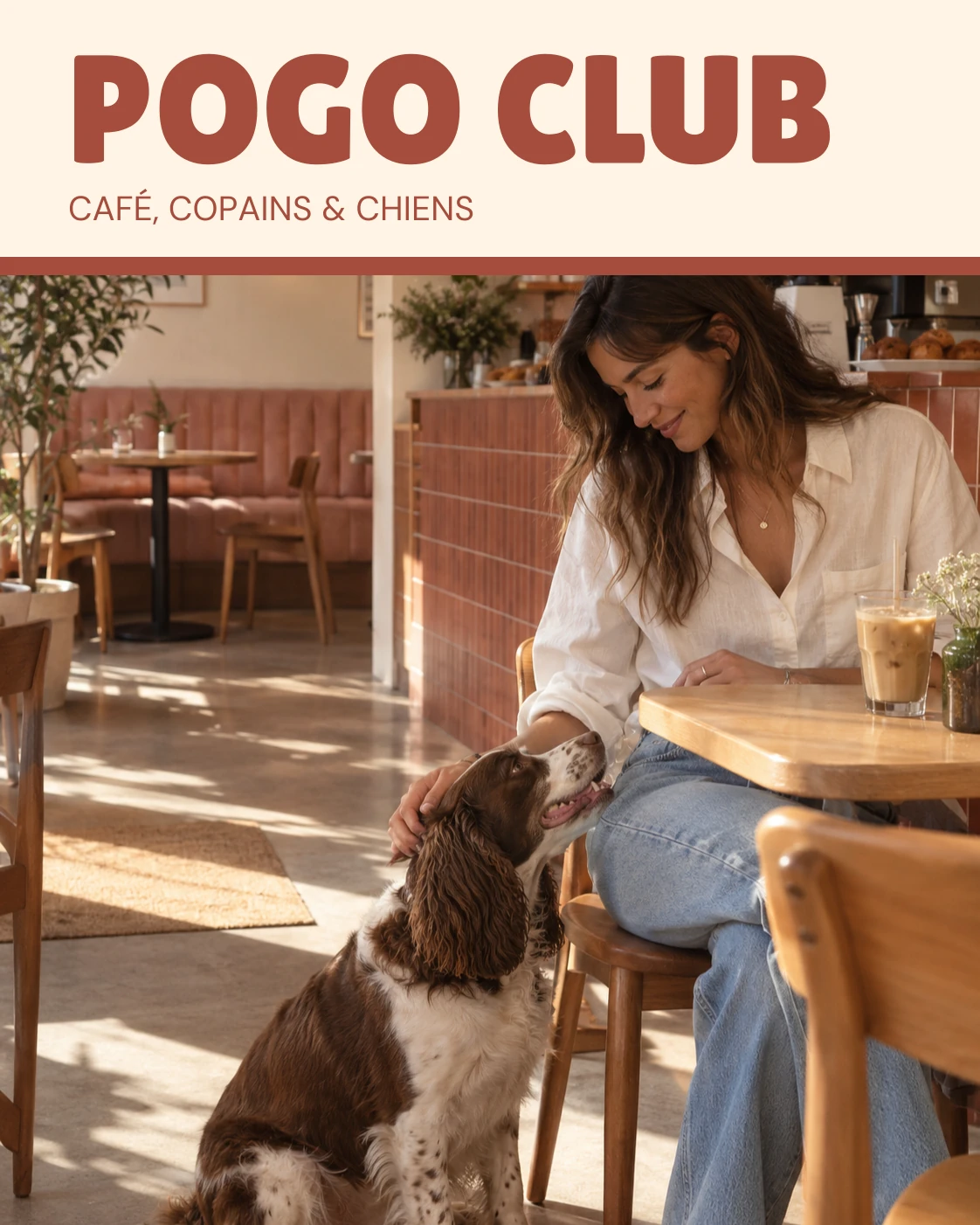 POGO CLUB, café copains et chiens : logo brique et scène chaleureuse dans un café dog-friendly.